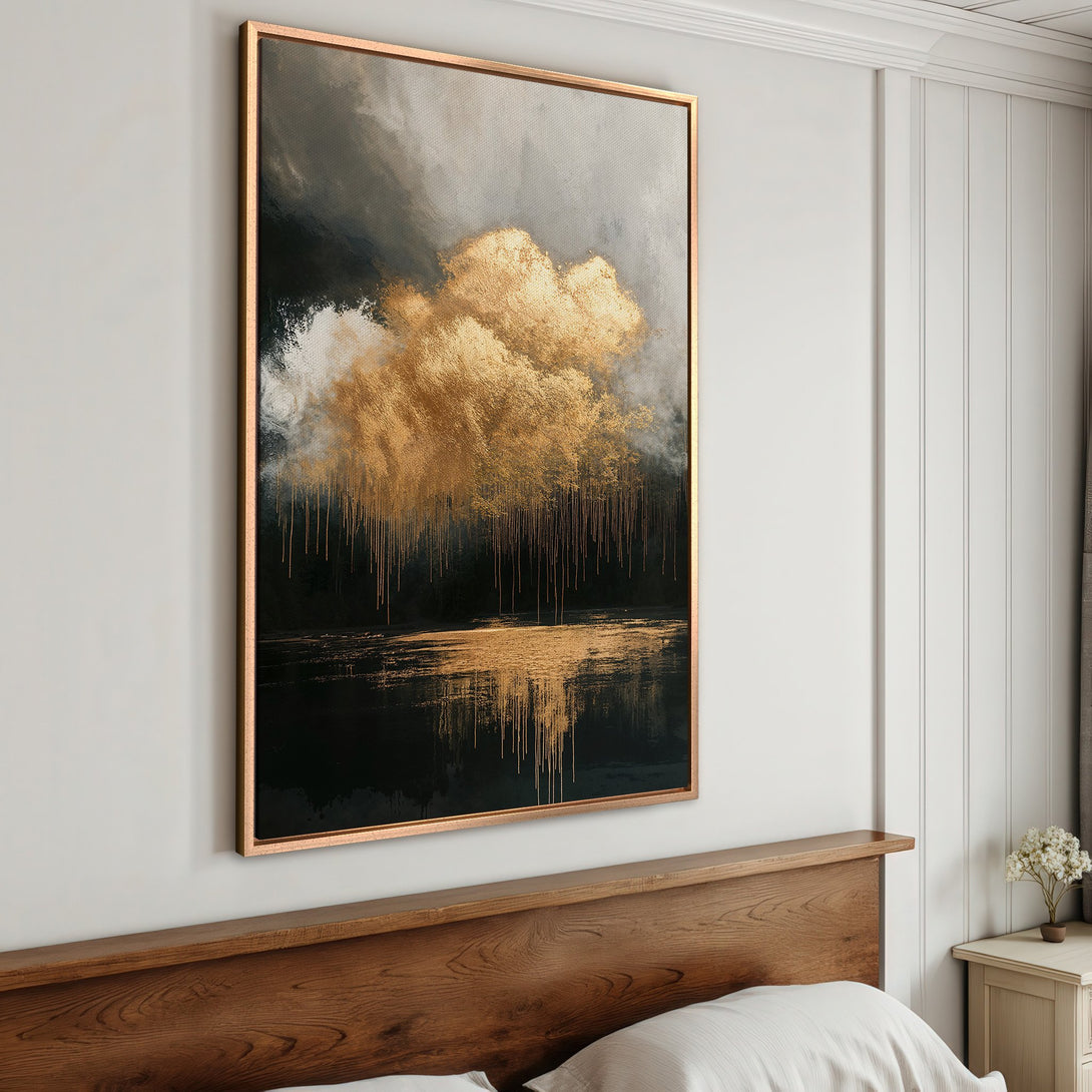 Framed Wall Art: Abstract gold and black landscape canvas print. Modern art for bedroom decor. Dramatic color palette.