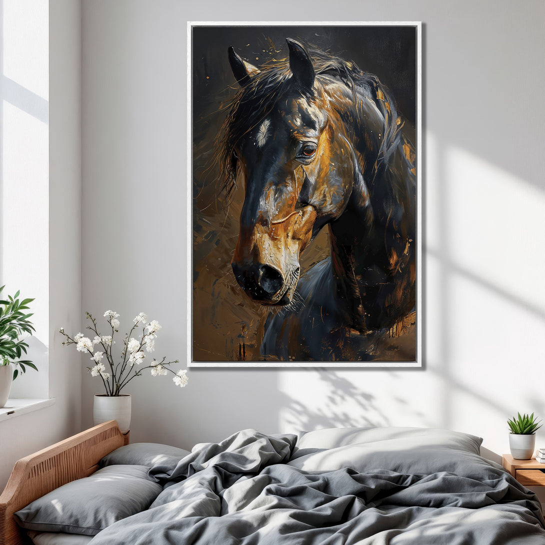 Framed Wall Art: Majestic horse portrait in a warm, earthy palette. Enhance your space with this stunning canvas print, perfect for any room.
