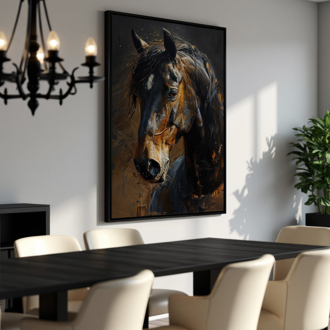 Framed Wall Art: Stunning horse portrait canvas print in a modern dining room. Features a dark, moody palette with brown and gold tones. Elevate your space!