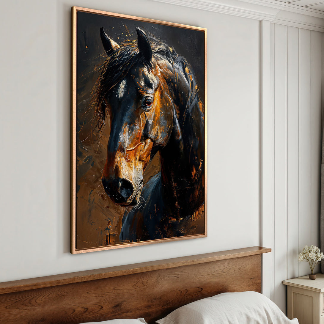 Framed Wall Art: Stunning horse portrait in a modern, impressionistic style. Featuring a warm, earthy color palette with black, brown, and gold tones. Perfect home decor!