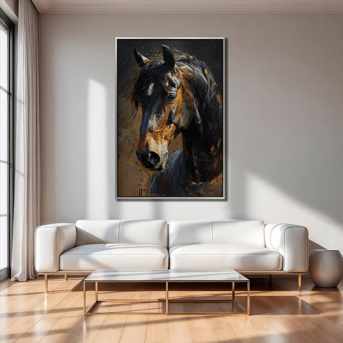 Framed Wall Art: Stunning horse portrait in dark, warm tones. Perfect for modern decor! Shop our Canvas Print collection today.