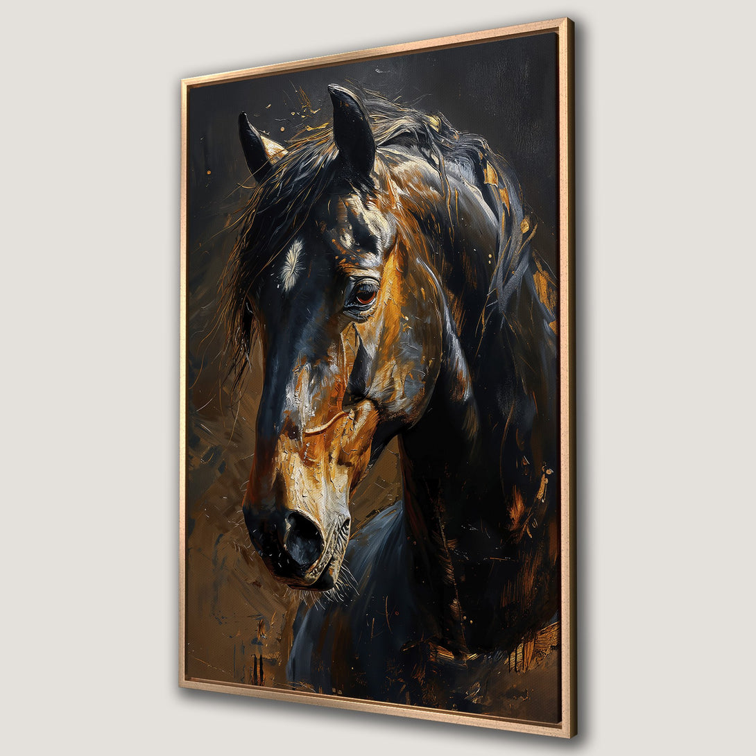 Framed Wall Art: Stunning horse portrait in an expressive, painterly style. Rich black, gold, and brown color palette. Perfect for adding elegance to any space.