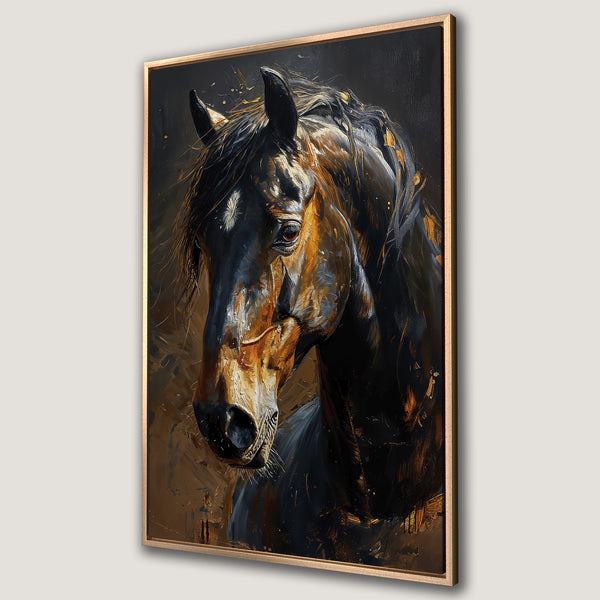Framed Wall Art: Stunning horse portrait in an expressive, painterly style. Rich black, gold, and brown color palette. Perfect for adding elegance to any space.