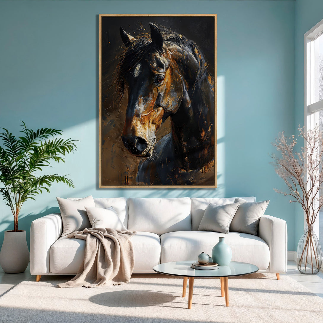 Framed Wall Art: Majestic horse portrait in a modern interior. Featuring a dark, warm color palette. Enhance your space with this stunning Canvas Print.