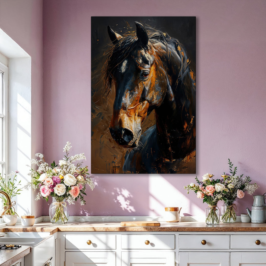 Framed Wall Art: Stunning horse portrait in dark, warm tones. Abstract style canvas print adds elegance to any interior. Shop now for unique wall decor!