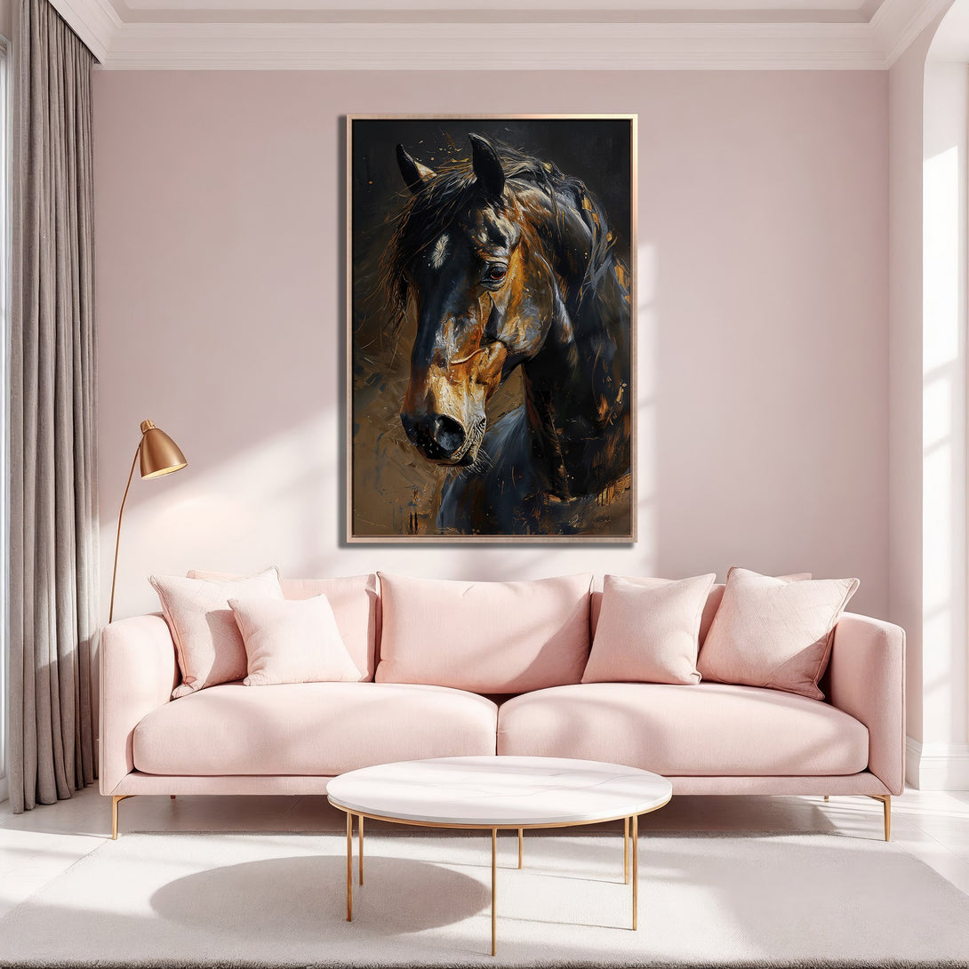 Framed Wall Art: Stunning horse portrait in a modern, painterly style. Featuring a rich, warm color palette, perfect for adding elegance to your space.