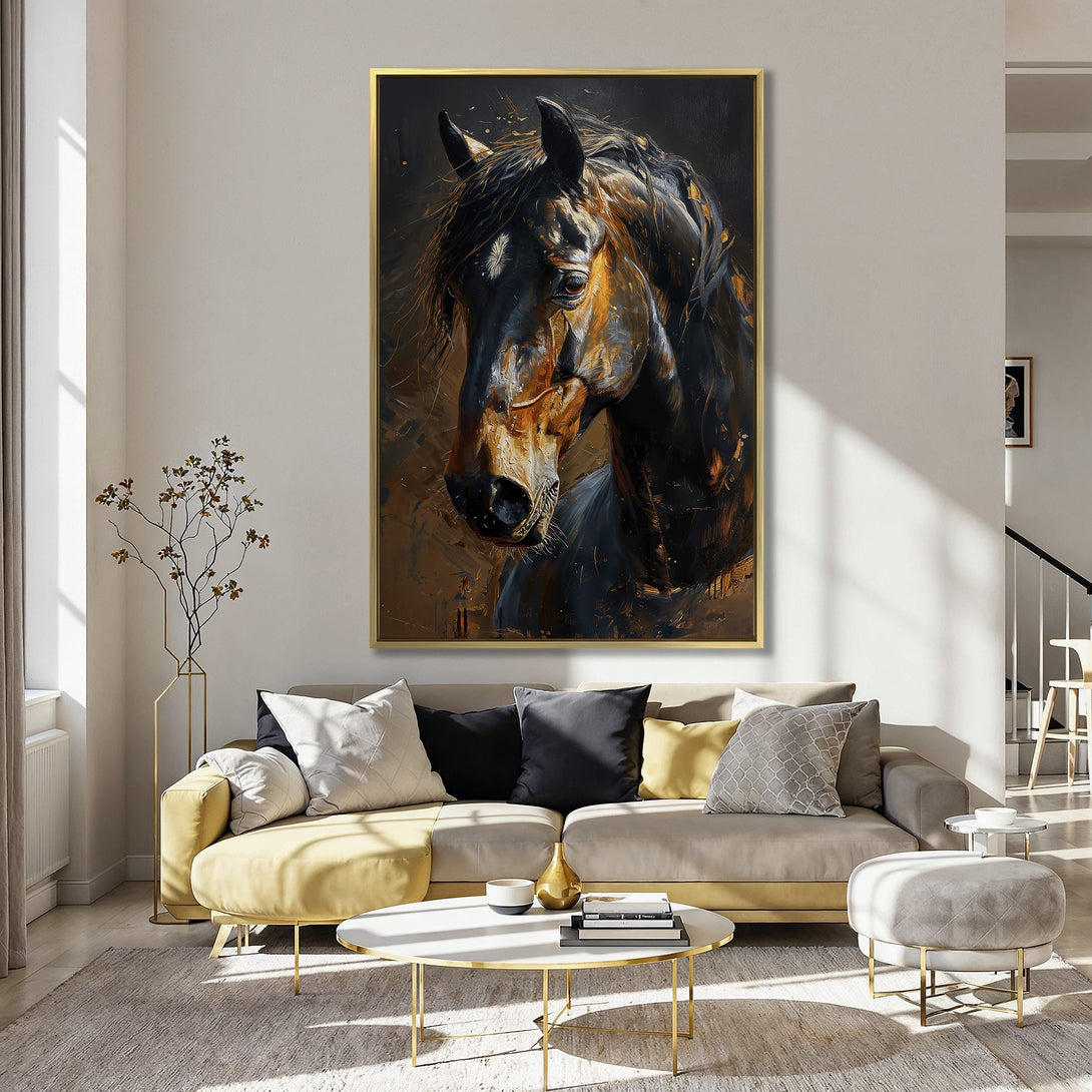 Canvas Print of a majestic horse portrait. Rich, dark, and warm color palette. Perfect for adding elegance to your space.