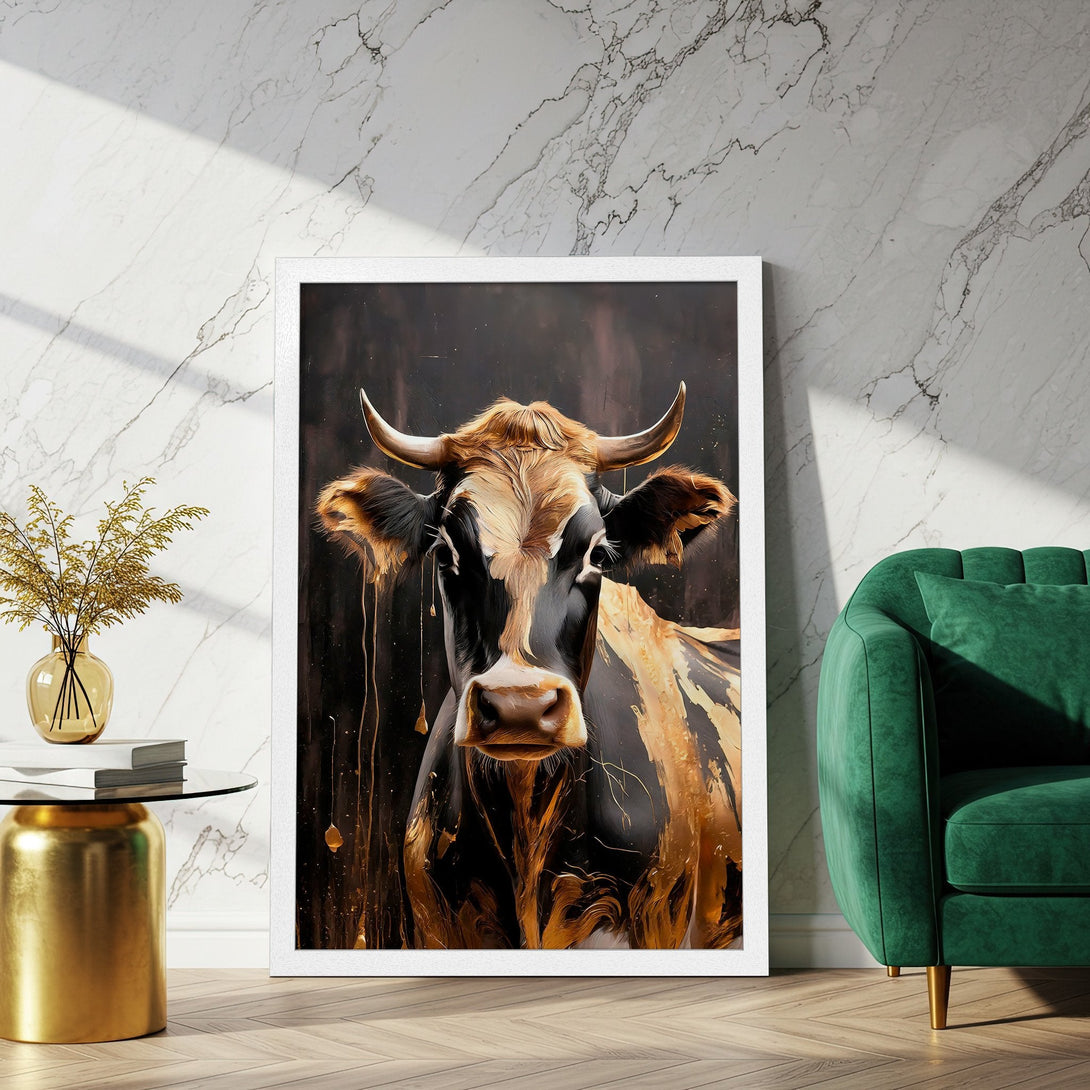 Framed Poster: Cow art print with a modern, abstract style and warm gold/brown color palette. Perfect wall decor.