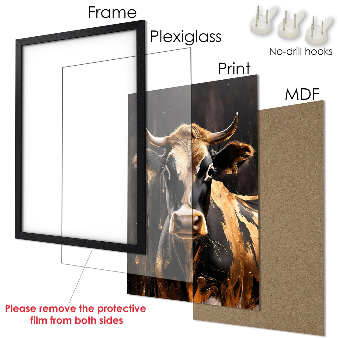 Framed Poster: Cow art print with black frame. Modern style, gold and black color palette. Ready to hang!