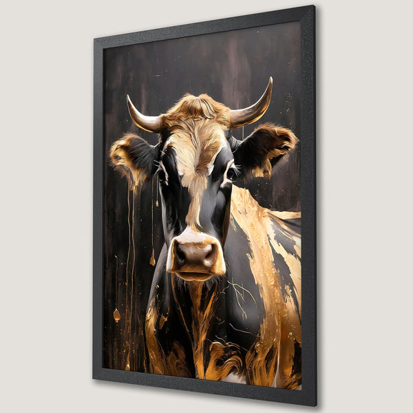 Framed Poster of a cow with gold accents. Modern art style, black, gold, and brown color palette. Perfect wall decor.