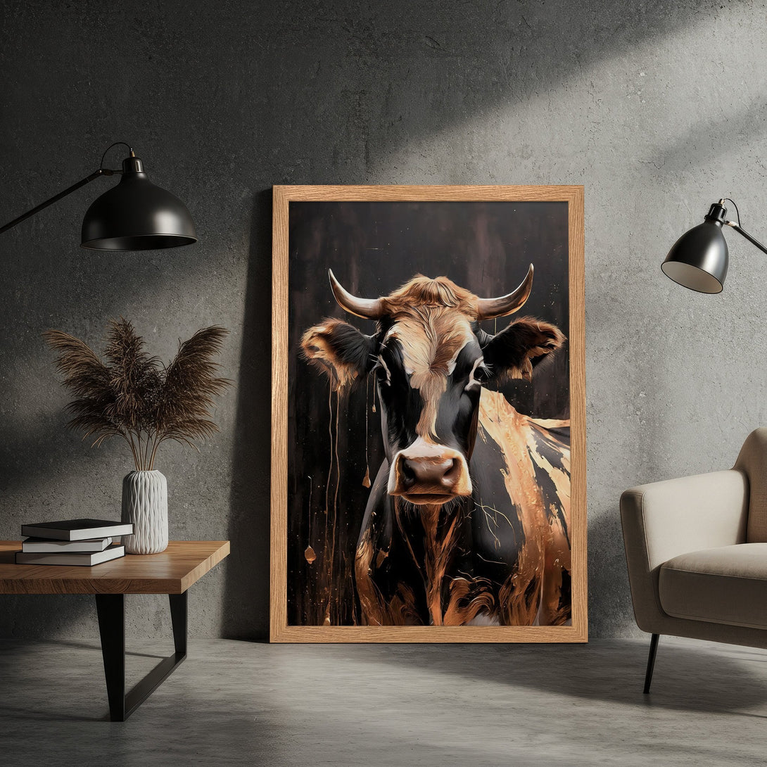 Framed Poster featuring a cow portrait in a modern style with a black and brown color palette. Add a touch of rustic charm to your space!