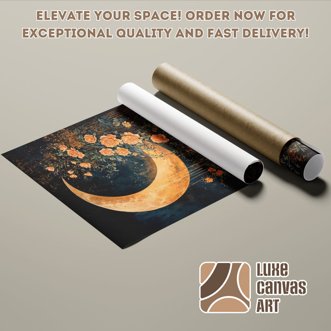 Poster Roll featuring a floral and moon design in a dark blue and gold color palette. Perfect art for your space!