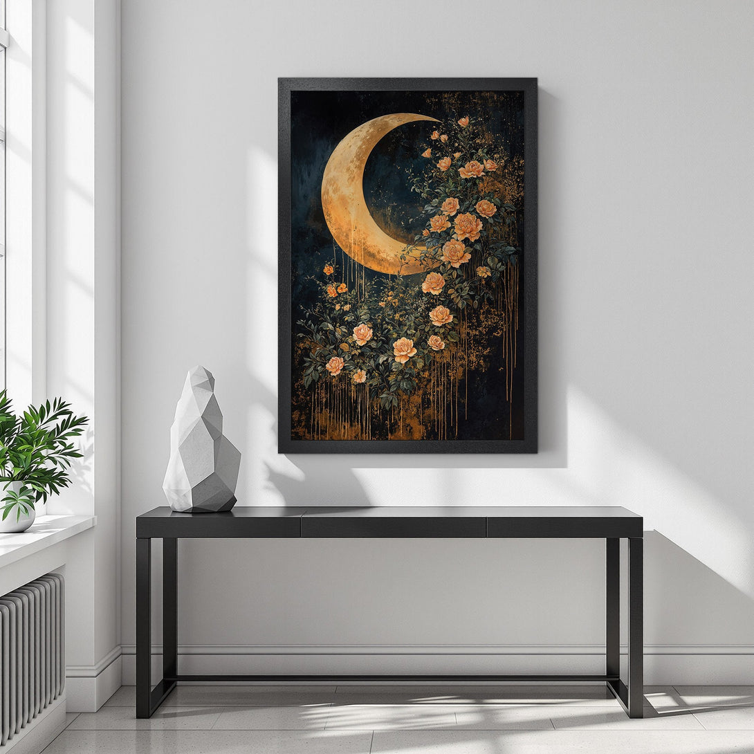 Framed Poster featuring a moon and floral design in a dark, moody style with gold and orange accents. Perfect wall art!