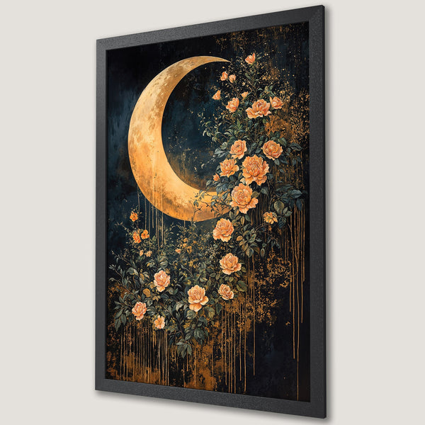 Framed Poster featuring a crescent moon and floral art, showcasing a dark, moody style with gold and orange hues. Perfect wall decor!