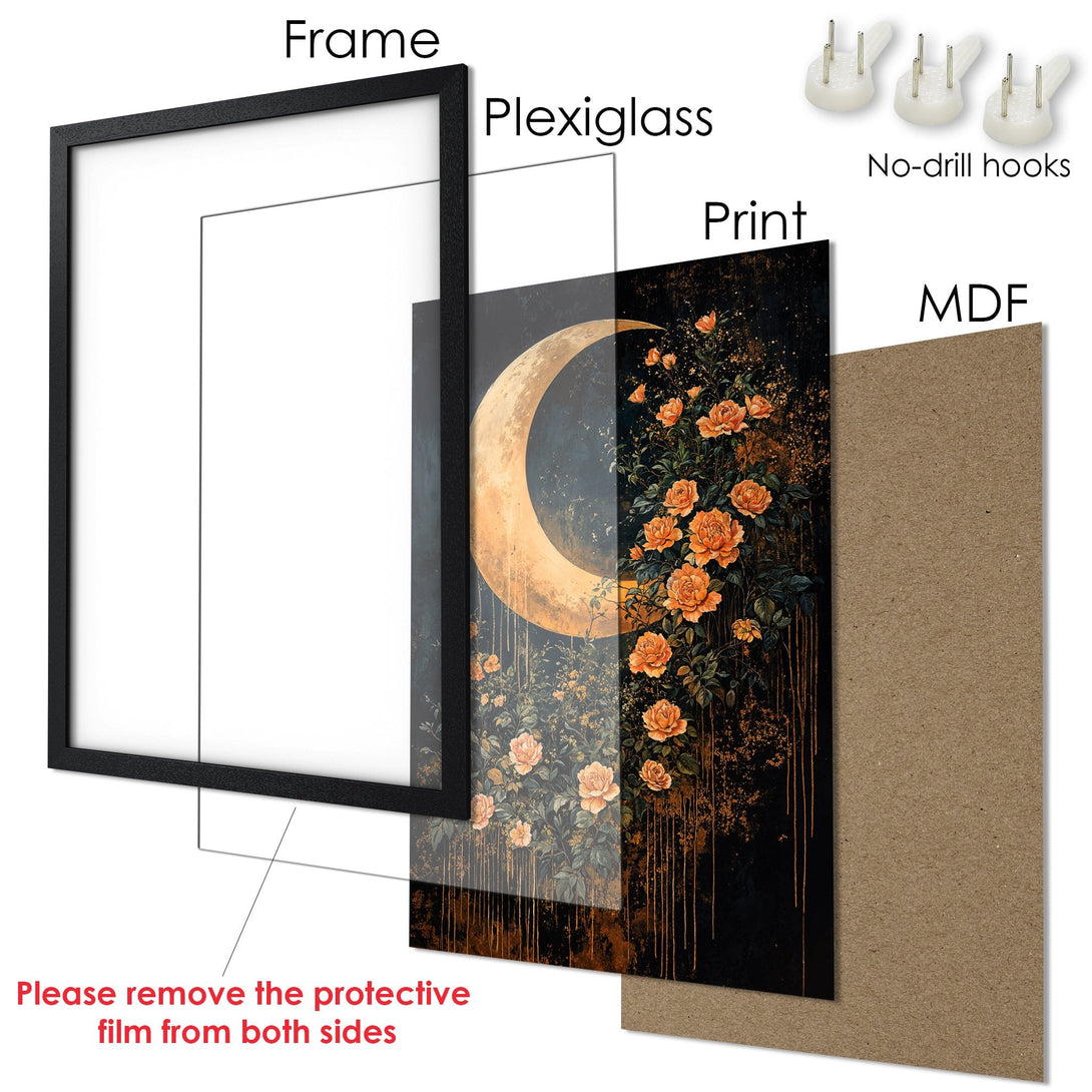 Framed Poster featuring a moon and floral design. Dark, moody style with orange and black color palette. Perfect wall art for any room!