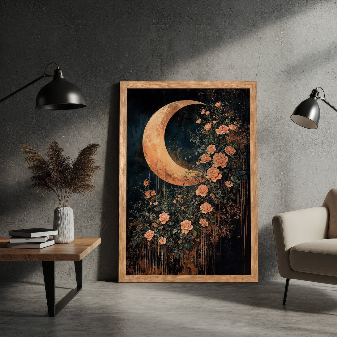 Framed Poster featuring a moon and floral art. Dark, moody style with peach and gold accents. Perfect wall decor for any room.
