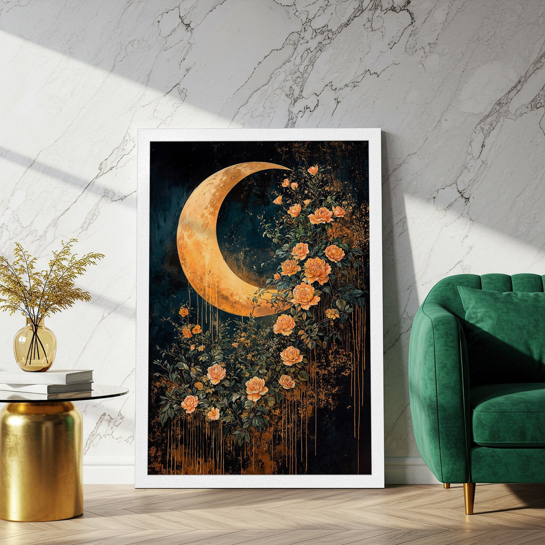 Framed Poster featuring a crescent moon and floral design in a dark, moody style with a warm, gold and orange color palette.