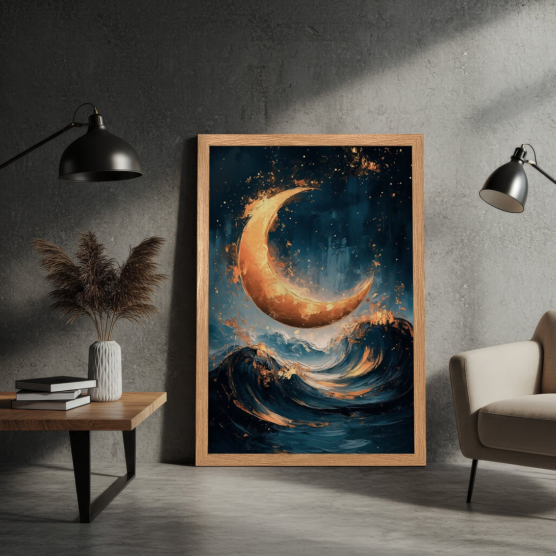 Framed Poster of a crescent moon over ocean waves, artistic style, blue and gold color palette, perfect wall art.