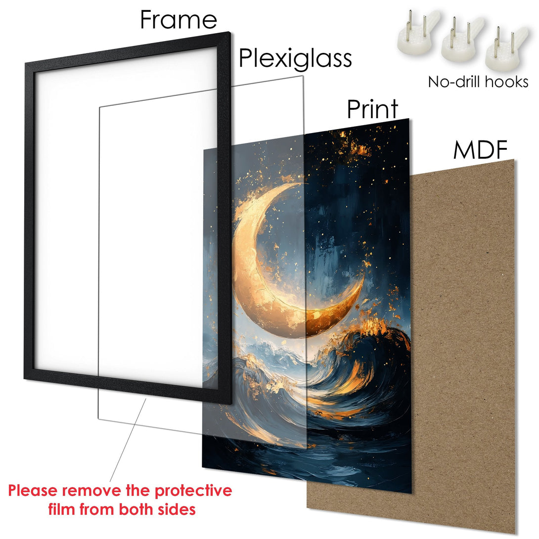 Framed Poster featuring a celestial moon over ocean waves, with a dark blue and gold color palette. Perfect wall art!