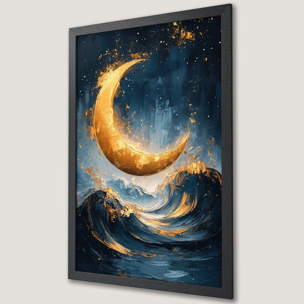 Framed Poster featuring a golden moon over ocean waves, painted in a dreamy, impressionistic style with a blue and gold color palette.
