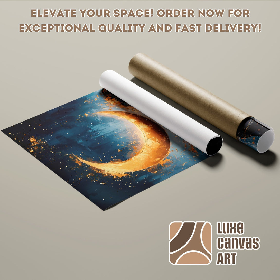 Poster Roll featuring an abstract moon art print in blue and gold. Elevate your space with Luxe Canvas Art!