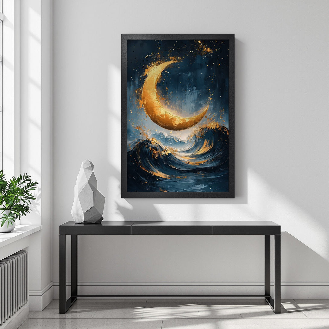 Framed Poster featuring a golden moon over ocean waves, artistic style with blue and gold color palette. Perfect wall art!