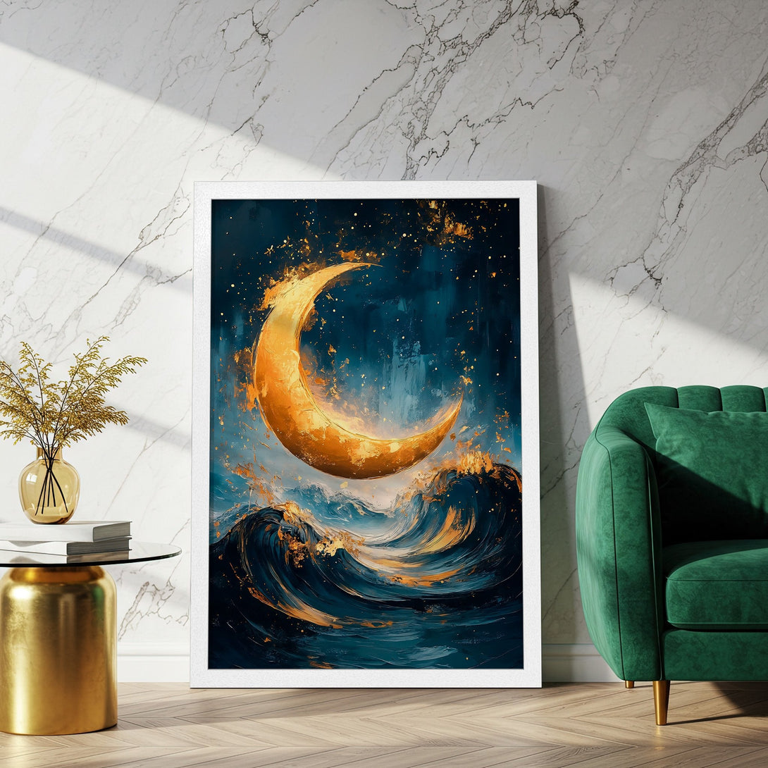 Framed Poster featuring a golden moon over ocean waves, artistic style, with a blue and gold color palette.