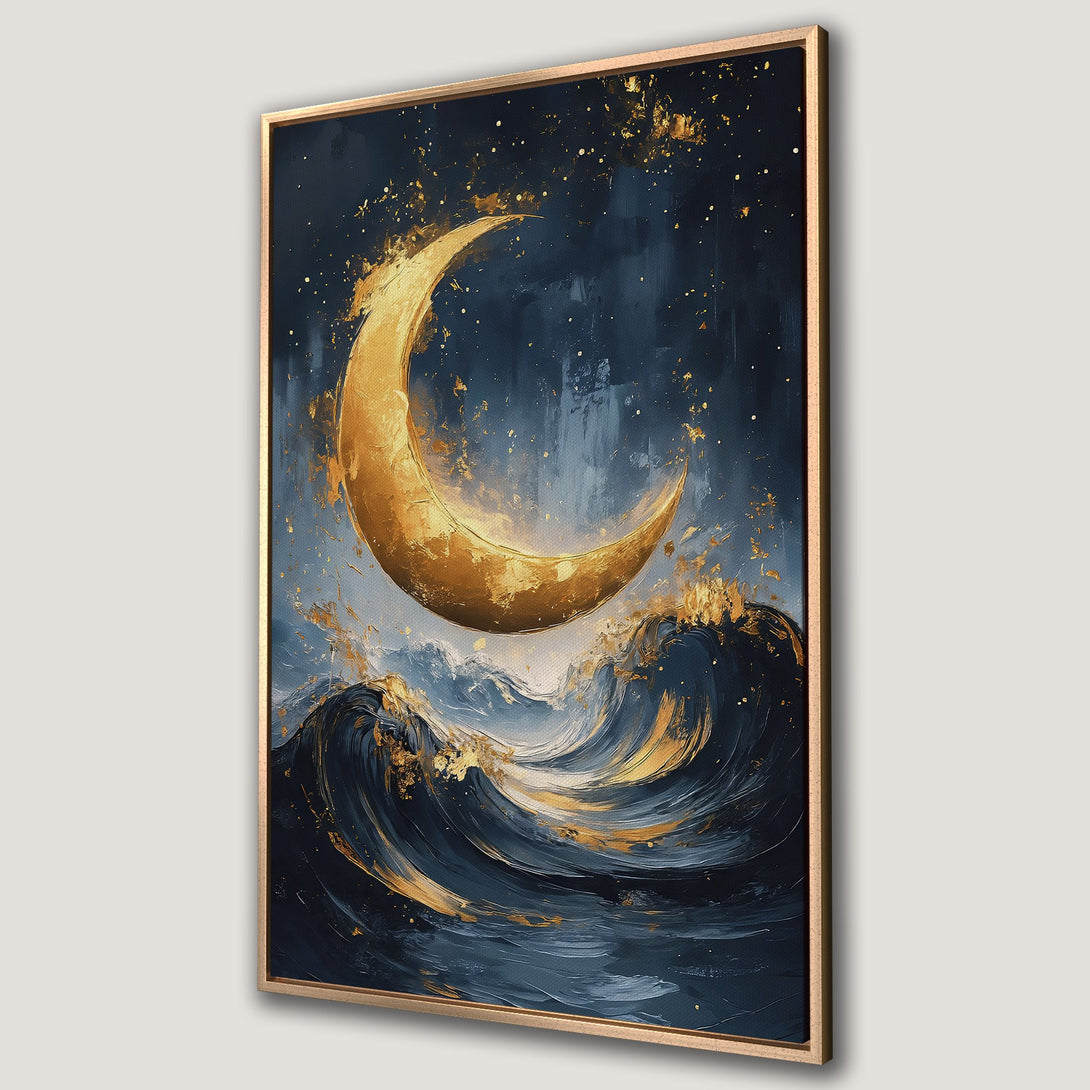 Framed Wall Art featuring a golden moon over ocean waves, in a dark blue and gold abstract style. Perfect for adding a touch of elegance to any space.