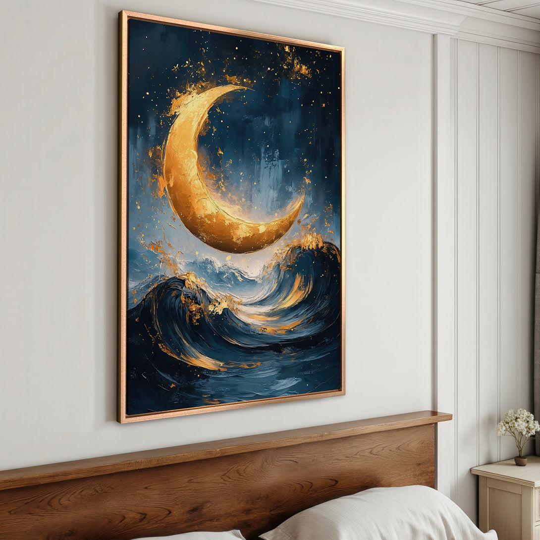 Framed Wall Art: Abstract moon and waves in gold and navy blue. Modern art canvas print for bedroom decor.