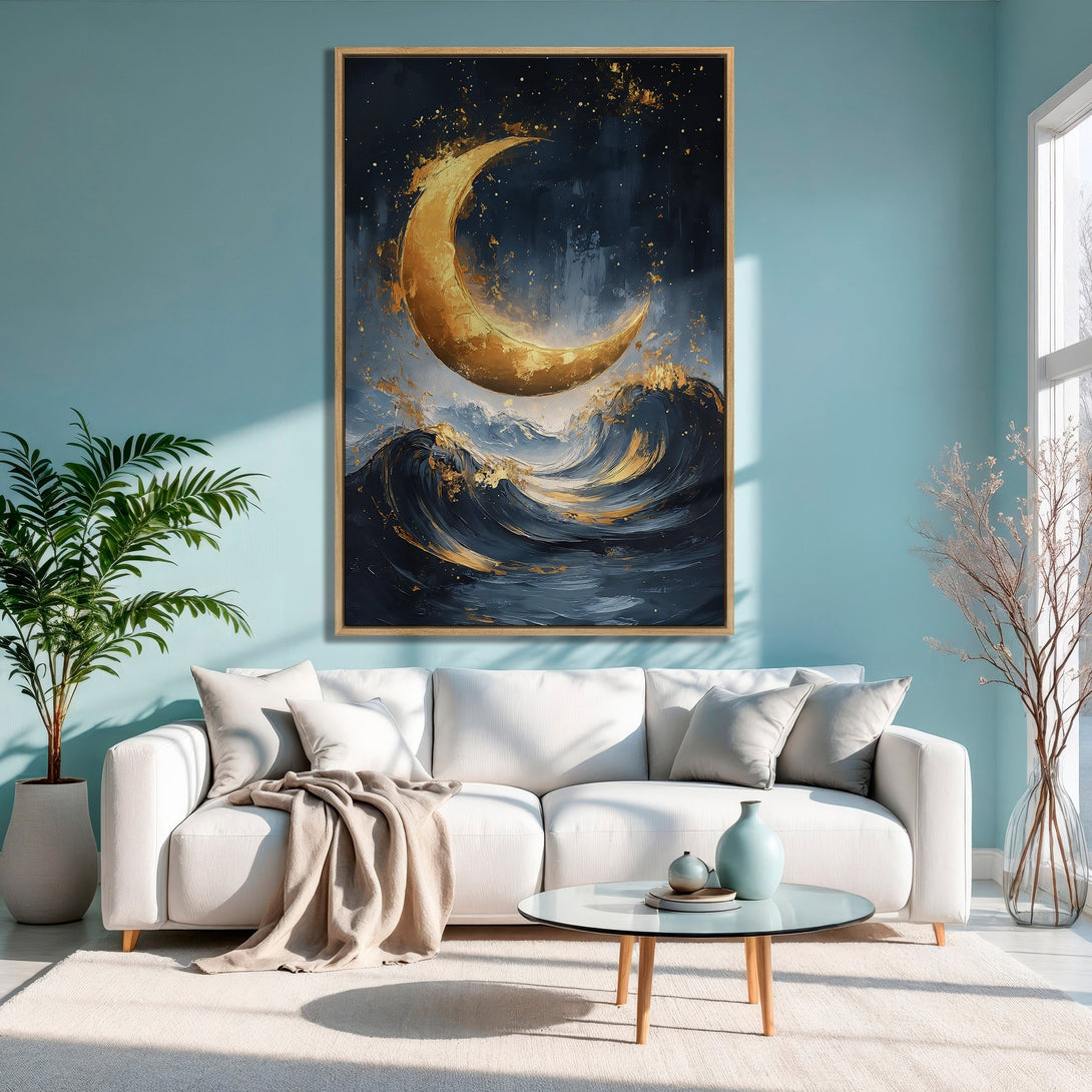 Framed Wall Art: Abstract moon over ocean in blue & gold. Modern art Canvas Print adds a touch of elegance to any space.
