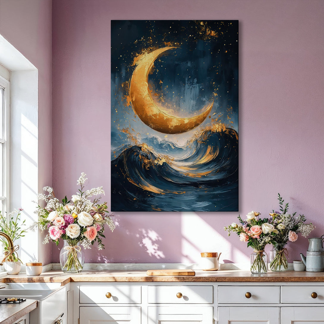 Framed Wall Art featuring a golden moon over ocean waves. Abstract art in a blue and gold color palette, perfect for modern home decor.