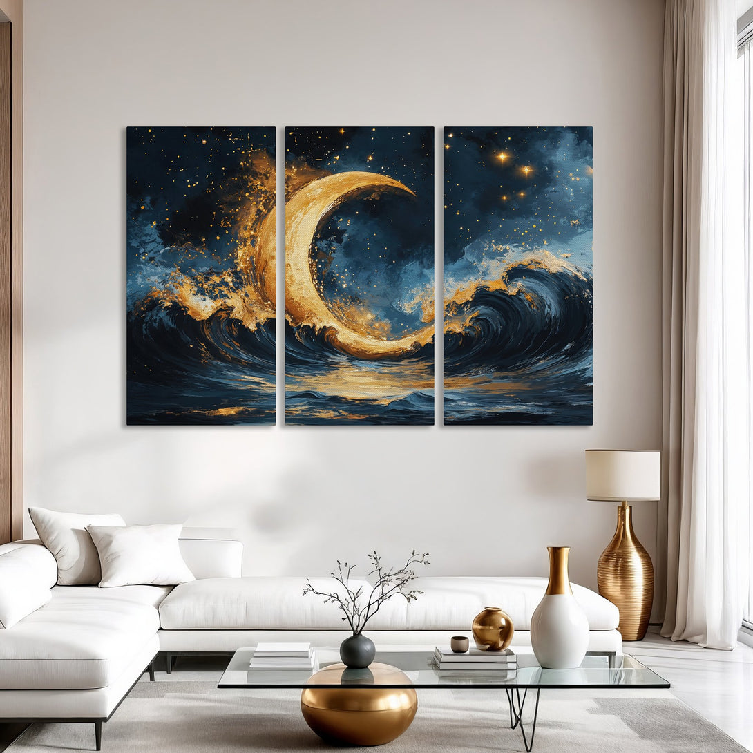 Canvas Print: Abstract moon and wave art in a dark blue and gold palette. Modern wall decor for living rooms.