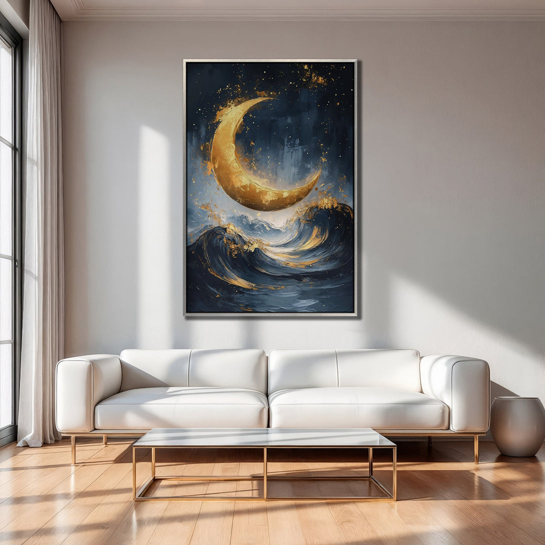 Framed Wall Art: Abstract moon and waves in gold and navy blue. Modern Canvas Print adds a touch of elegance to any living space.