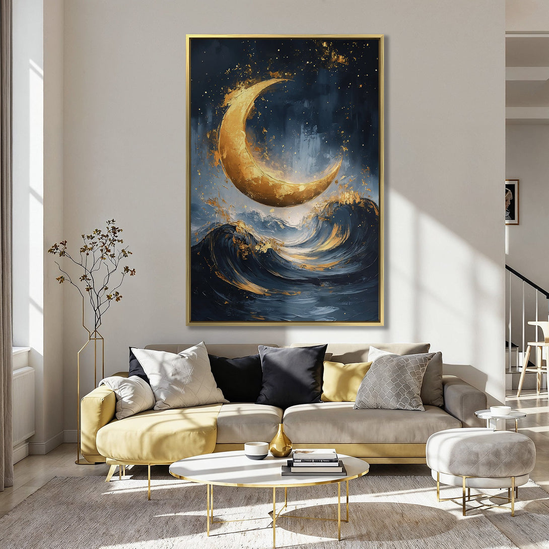 Canvas Print: Abstract moon and waves artwork in gold and navy blue, displayed in a kitchen. Modern art with a touch of elegance.