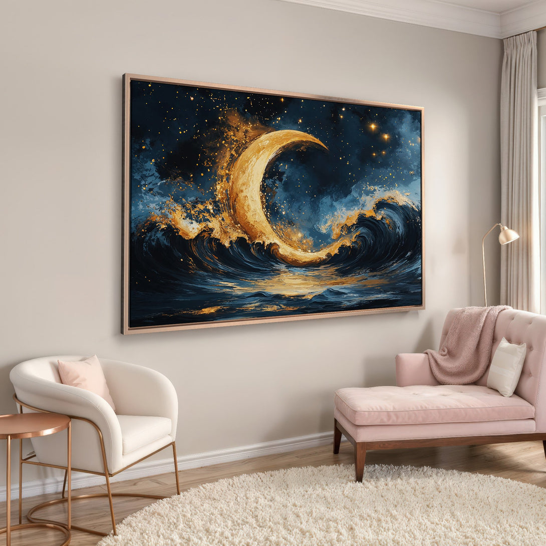 Framed Wall Art: Abstract moon and wave Canvas Print in blue and gold, perfect for adding a touch of celestial elegance to your home decor.