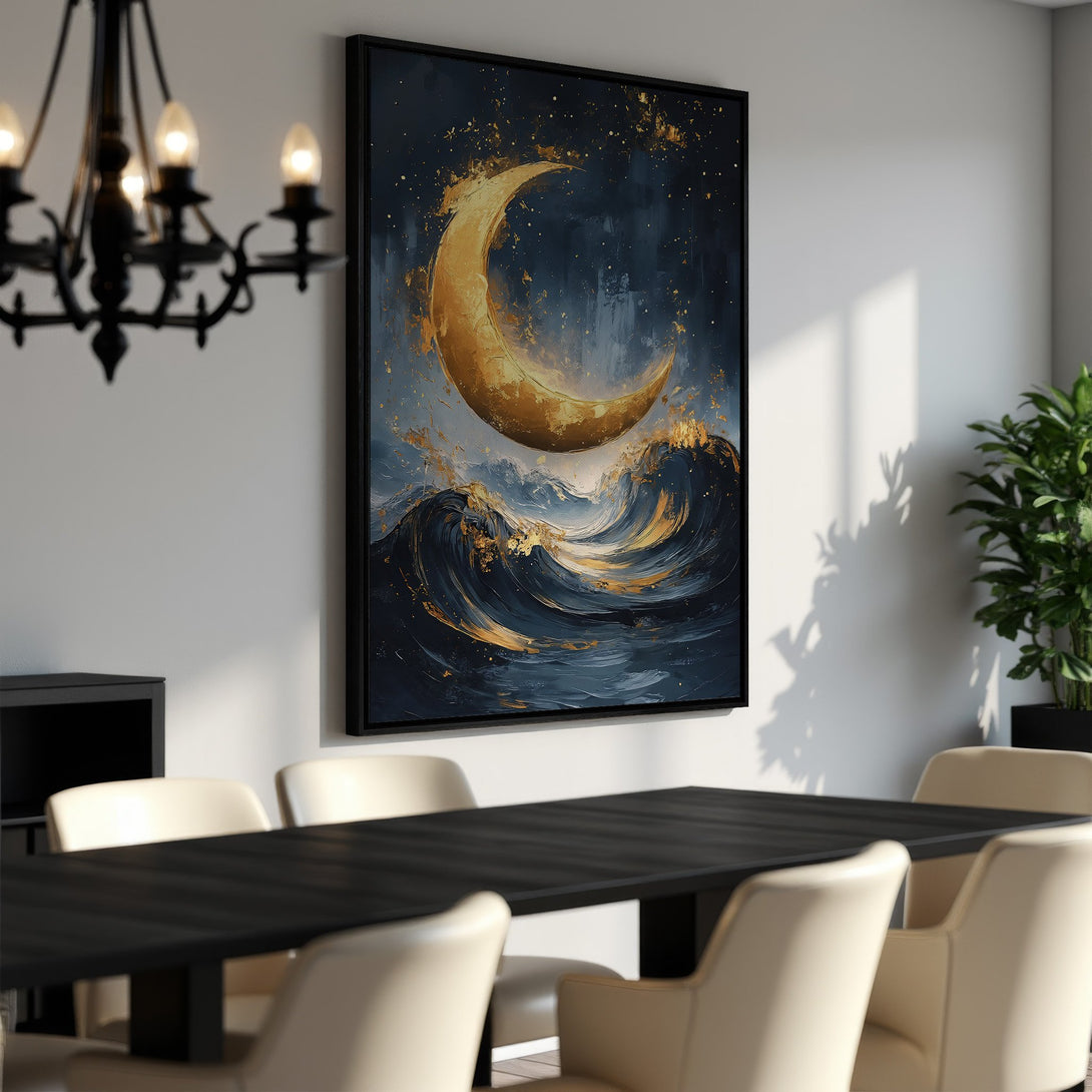 Framed Wall Art: Abstract moon over ocean canvas print in navy, gold, and blue. Perfect for modern home decor. Shop now!