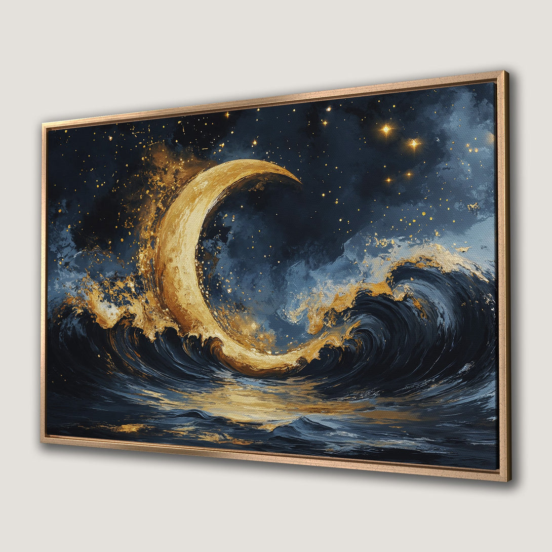 Framed Wall Art: Abstract moon and waves in gold and navy blue. Modern art for home decor. Canvas print for sale.