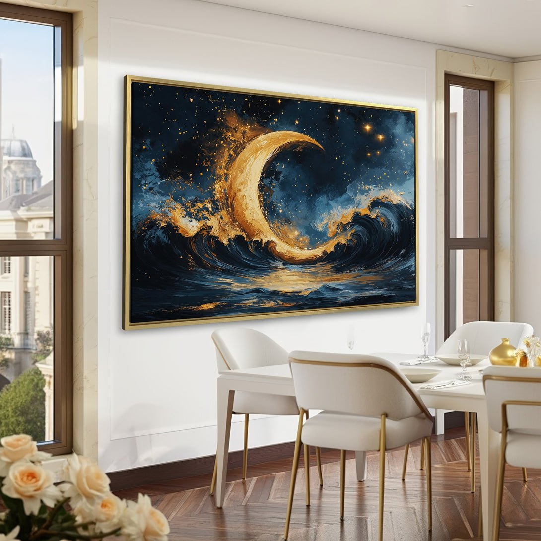 Canvas Print of a celestial moon over ocean waves in a dark blue and gold color palette. Perfect for adding a touch of elegance to your home!