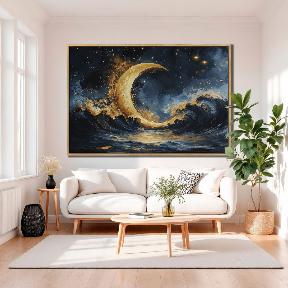 Framed Wall Art featuring a celestial moon over ocean waves, in a stunning blue and gold color palette, perfect for adding a touch of elegance to any space.
