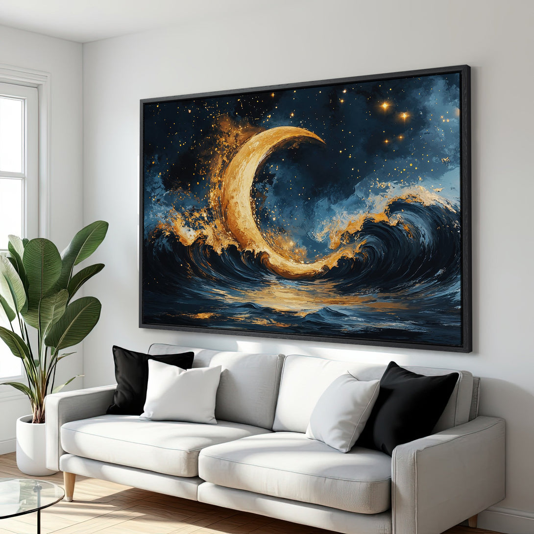 Framed Wall Art: Abstract ocean scene with a golden moon, blue & gold color palette. Modern art canvas print for living room decor.