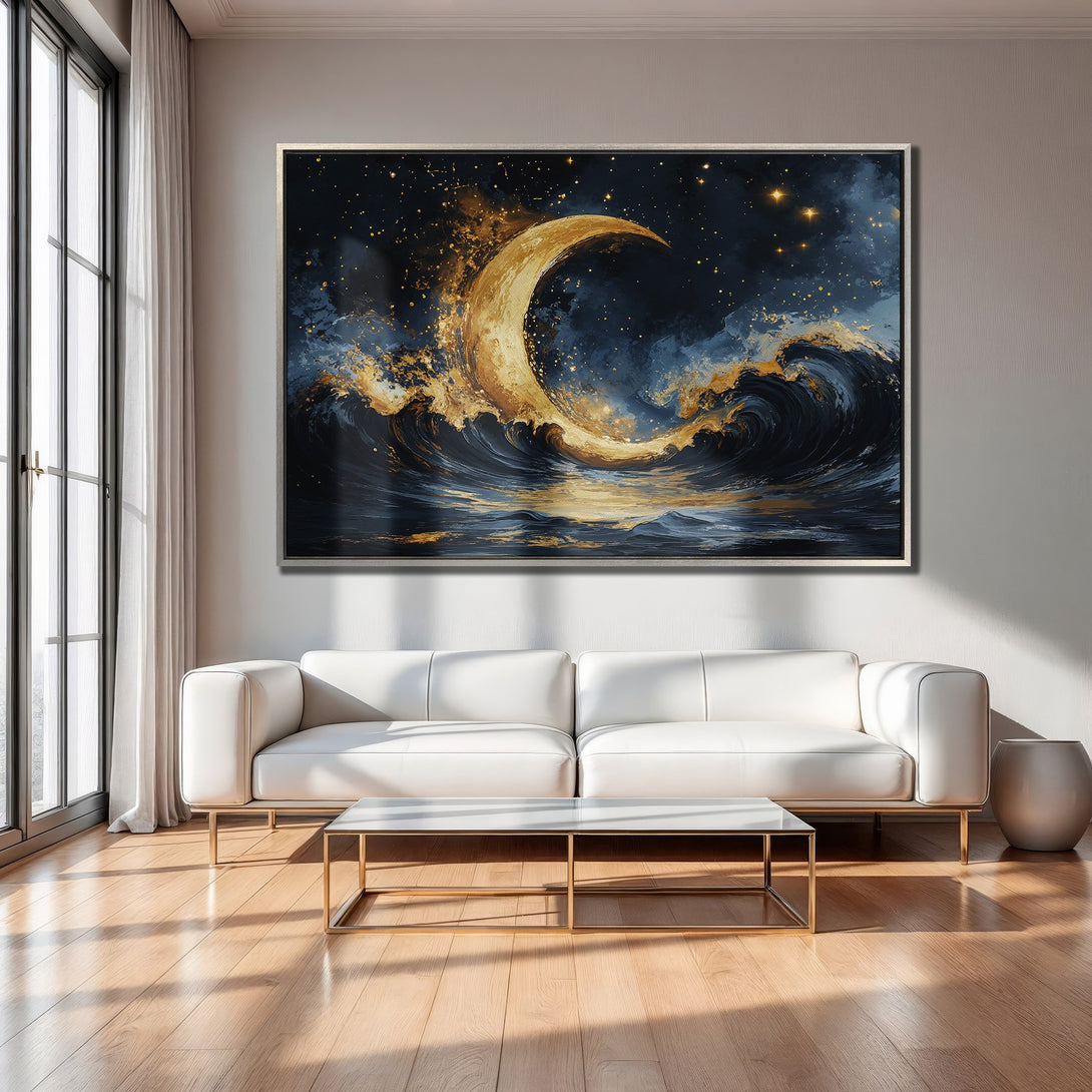 Framed Wall Art of a golden moon over ocean waves. Dramatic, abstract style with a blue and gold color palette. Perfect for modern decor.