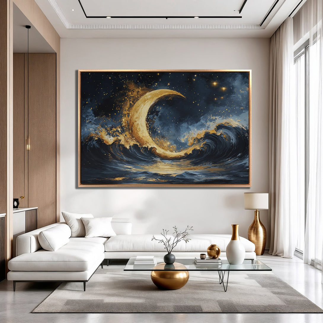 Framed Wall Art: Abstract moon over ocean waves in navy, gold, and white. Modern art for a stylish living room. Shop now!