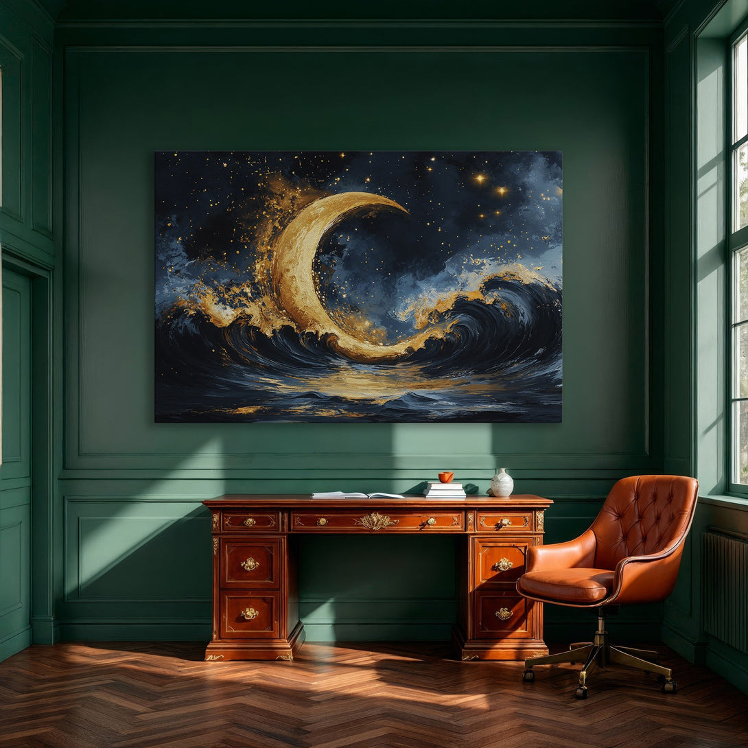 Framed Wall Art: Abstract moon and wave canvas print in a dining room. Featuring a gold, blue, and orange color palette. Enhance your space!