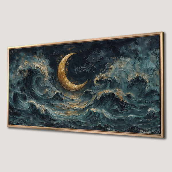 Framed Wall Art: Abstract moonlit ocean waves in teal and gold. Textured canvas print adds a touch of luxury and serenity to any space.