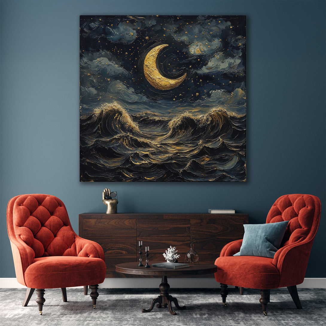 Framed Wall Art: Stunning night sky Canvas Print with moon & waves. Moody, artistic style in navy, gold, and cream tones. Perfect for adding elegance to your space.