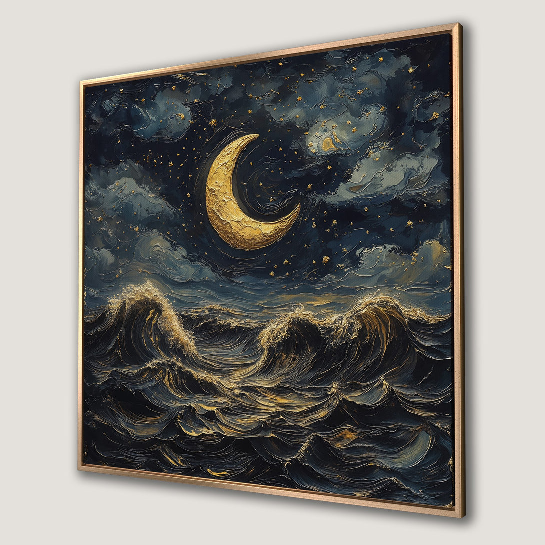 Framed Wall Art: Stunning gold moon over ocean waves. Textured art in dark blue & gold. Perfect for adding a touch of luxury and serenity to your space.