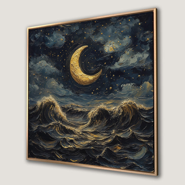 Framed Wall Art: Stunning gold moon over ocean waves. Textured art in dark blue & gold. Perfect for adding a touch of luxury and serenity to your space.