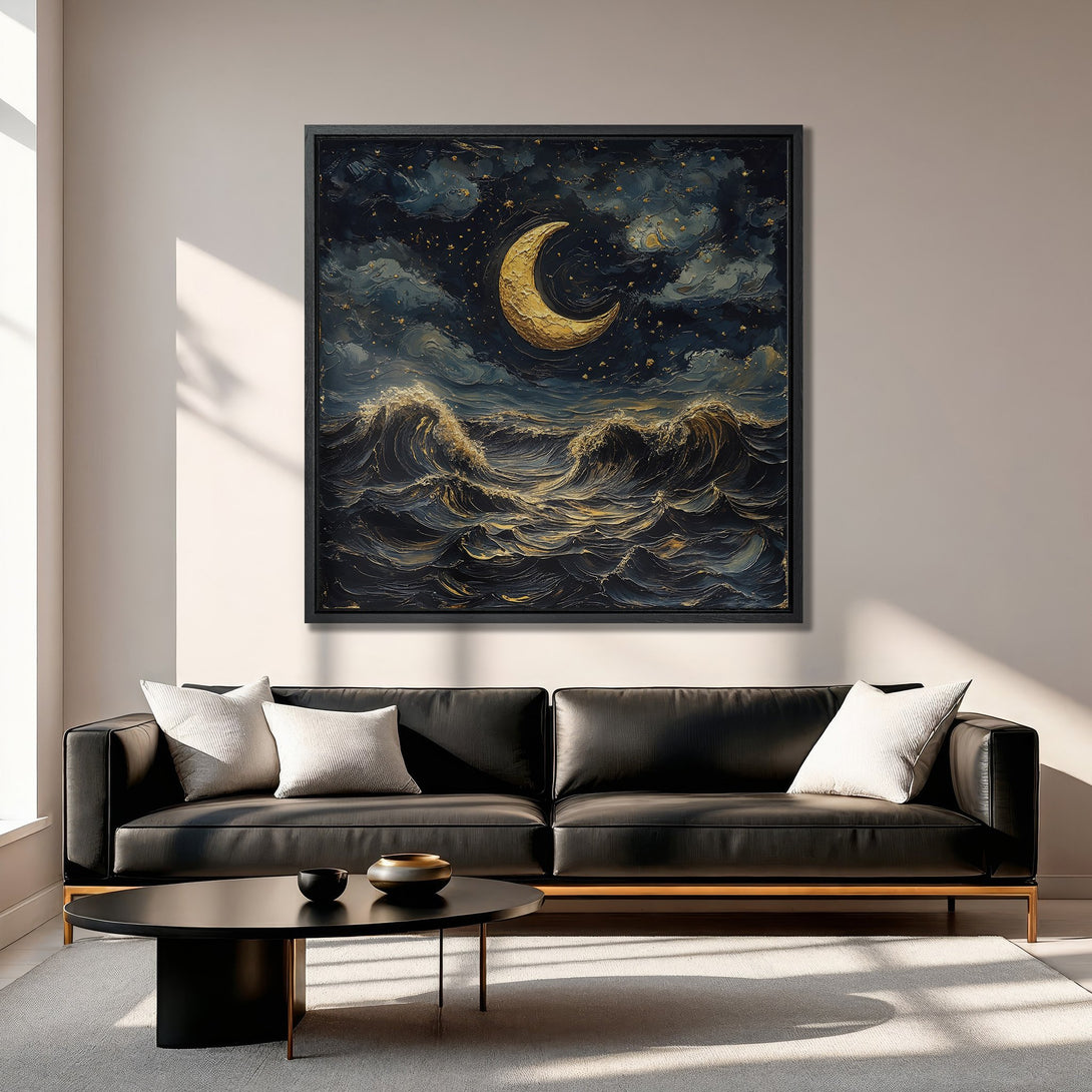 Framed Wall Art: Abstract moonlit ocean scene in navy, gold, and black. Modern canvas print adds a touch of elegance to any interior.