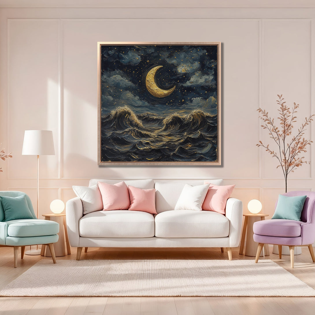 Framed Wall Art: Moon over ocean painting in a modern interior. Featuring dark blue, gold, and cream color palette. Perfect for adding a touch of elegance.