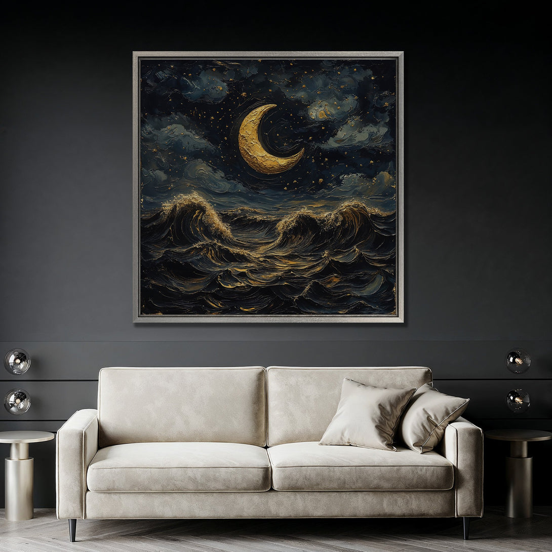 Framed Wall Art: Dramatic moonlit ocean scene in dark blue & gold. Textured, expressive art style. Perfect for adding a touch of luxury to any space.